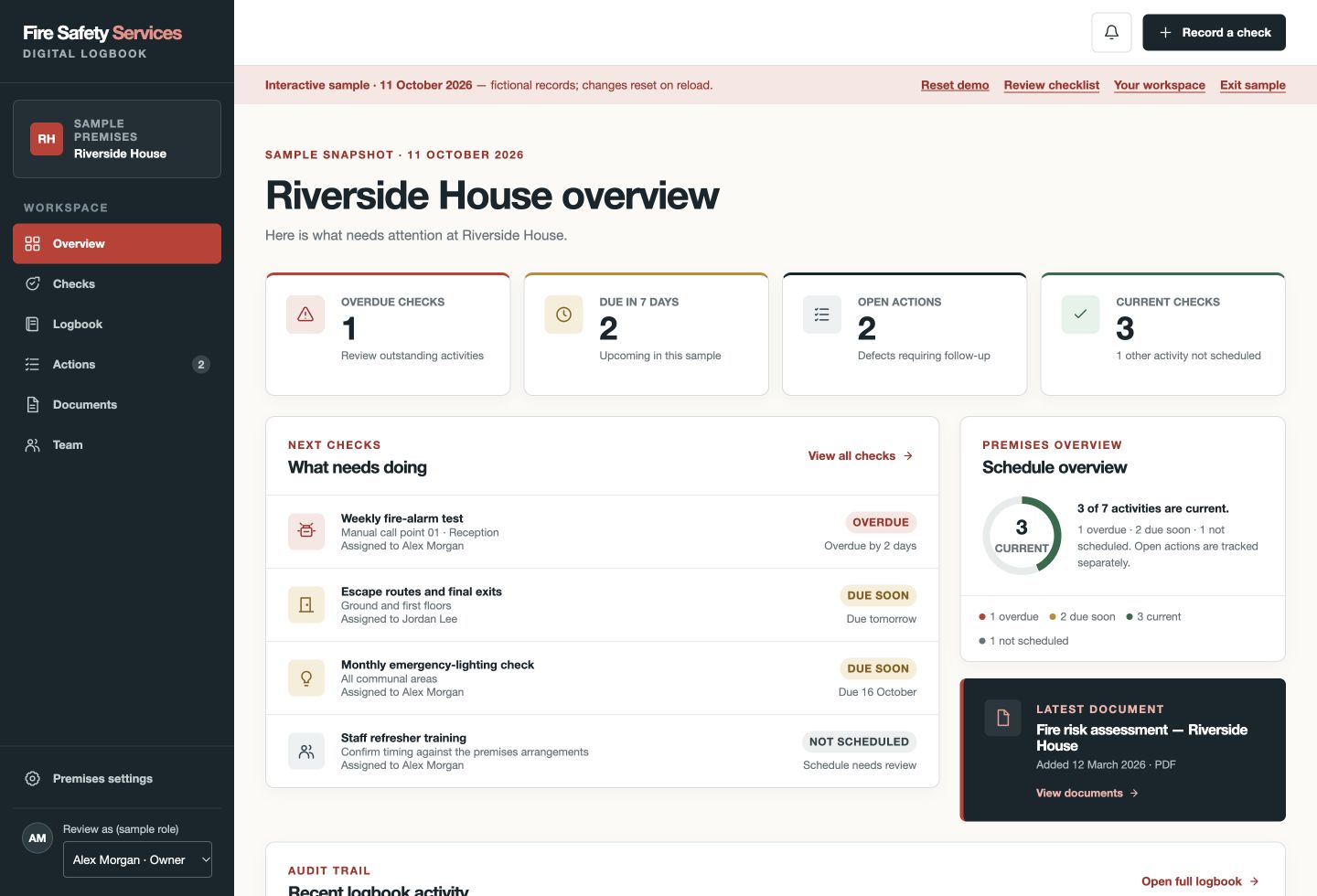 Actual digital logbook demo with upcoming checks, overdue activities, open actions and a premises schedule overview.